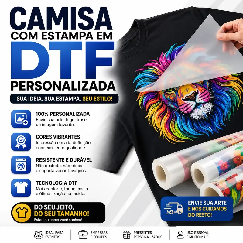 Camiseta Personalizada com Estampa DTF | Sua Arte, Logo ou Foto | Impressão HD Alta Qualidade | Camisa Personalizada