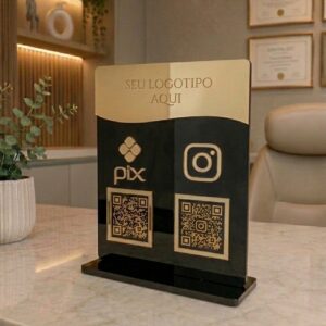 Totem Display Personalizado com QR Code Pix e Instagram – Placa de Mesa para Balcão, Loja e Recepção